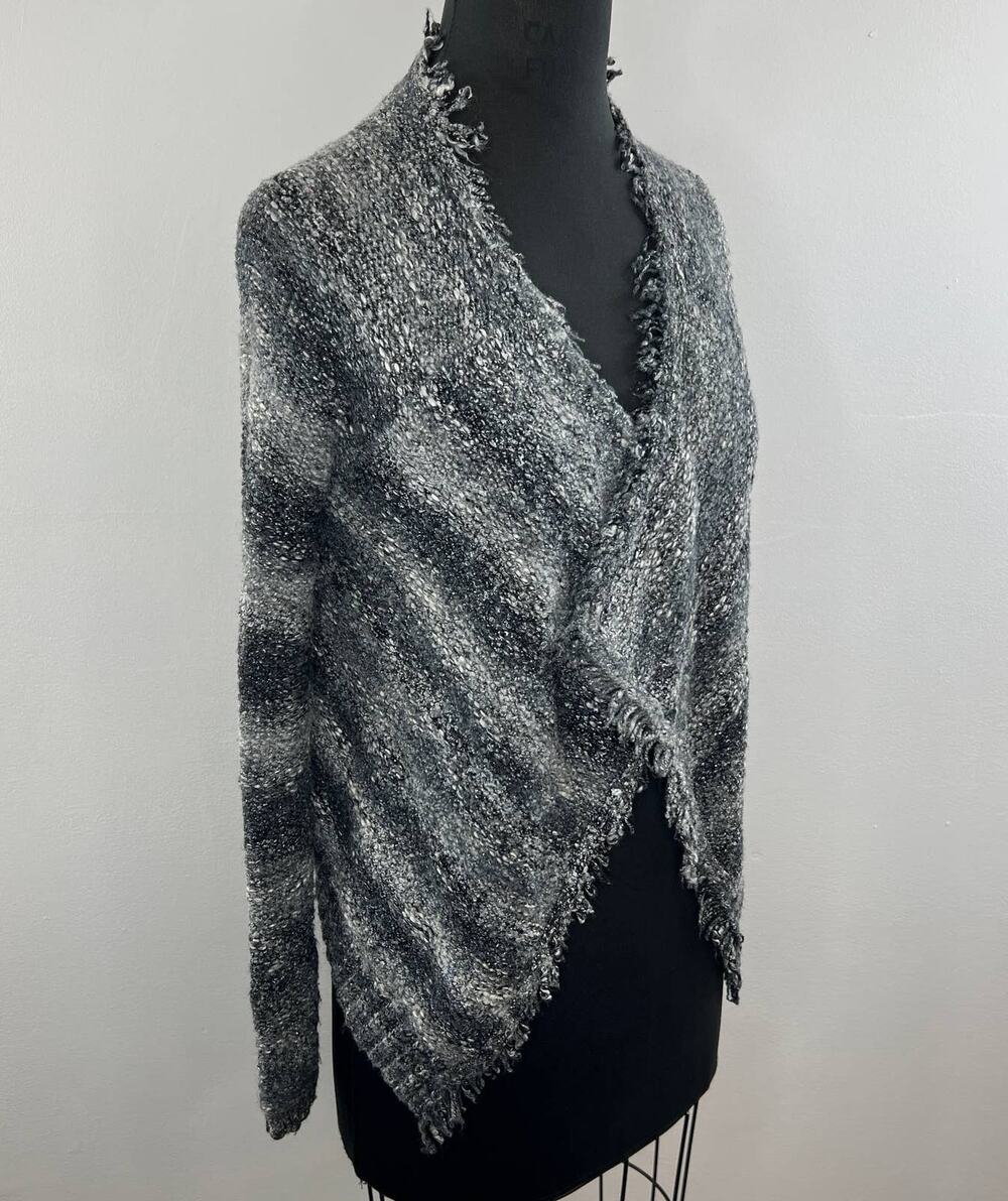 360 SWEATER Gray Stripe Fuzzy Chunky Knit Acrylic Wool Draped Cardigan Sweater S